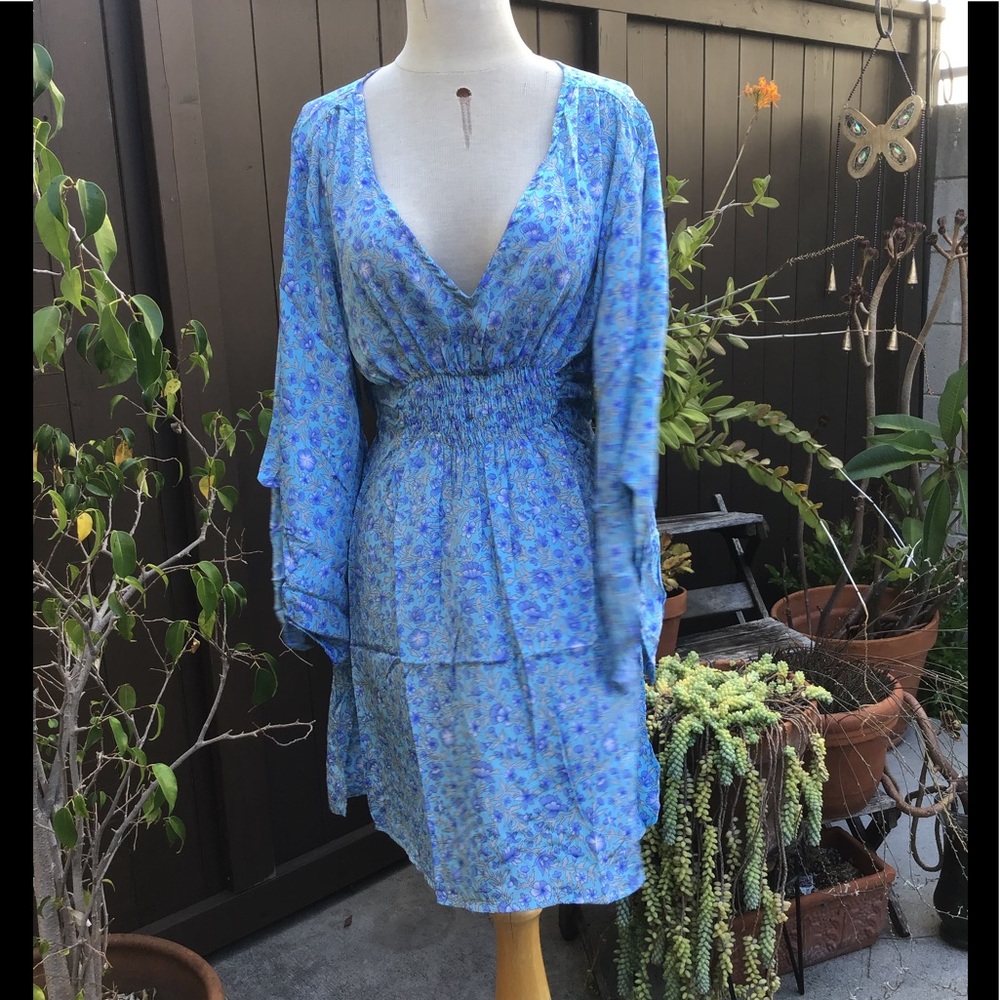 Blue Elastic Waist Short Boho Beach Dress